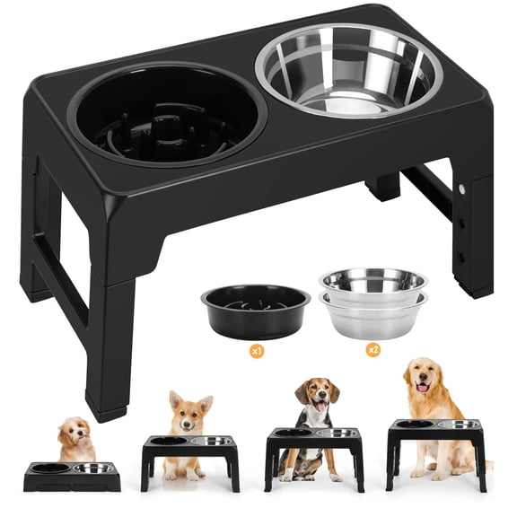 Elevated Dog Bowls with Slow Feeder, 4 Adjustable Heights Raised Pet Bowl Stand Feeder Bowl with 2 Stainless Steel Food & Water Bowls for Large Medium and Small Dogs