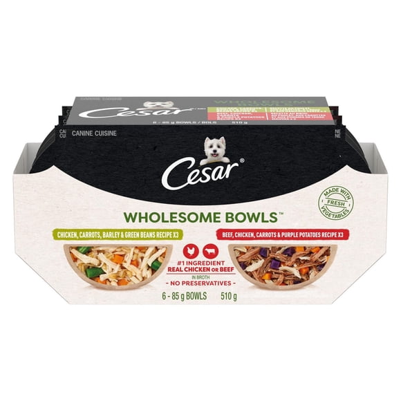 Cesar Wholesome Bowls Poulet, Carottes, Orge & Haricots Verts & Bœuf, Poulet, Carottes & Pomme de Terre Violette Nourriture Humide pour Chiens Ensemble Multiple 6 Pack