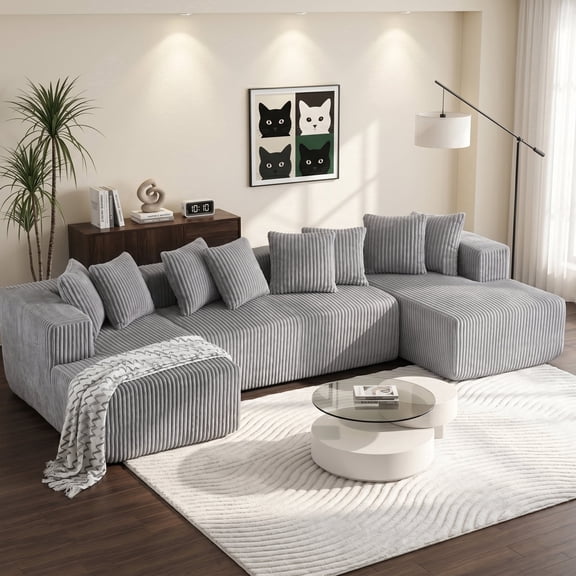 SEENYOO 130" Boneless Couch, Modern Couches for Living Room, U-Shaped 4-Seat Modular Sofa with Chaise, Oversized, No Assembly, Gray