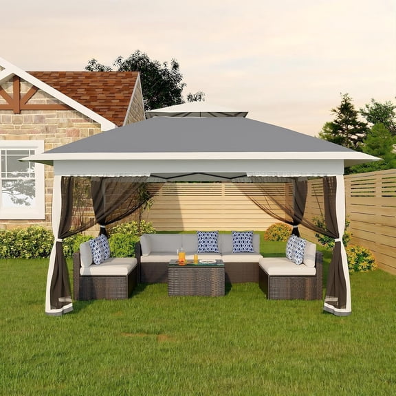 Canopy Tent 12x12 Ft, Pop Up Gazebo One-Push Setup with 4 SandBags for Backyard Parties and BBQs, Mosquito Netting & Height Adjustable - Grey