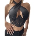 thumbnail image 3 of QAFOPEH Women Lace Up Halter Neck See Through Mesh Open Back Corset, 3 of 7