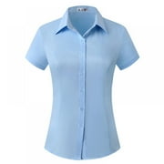 Women's Cotton Basic Simple Stretch Button Down Shirt Tailored Short Sleeve Blouse