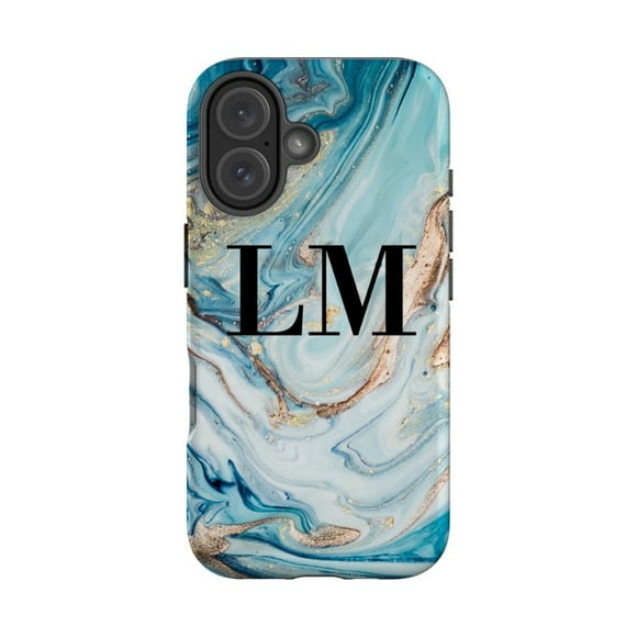 Personalised Blue Emerald Marble initials iPhone 16 Case,iPhone 15 Pro Max