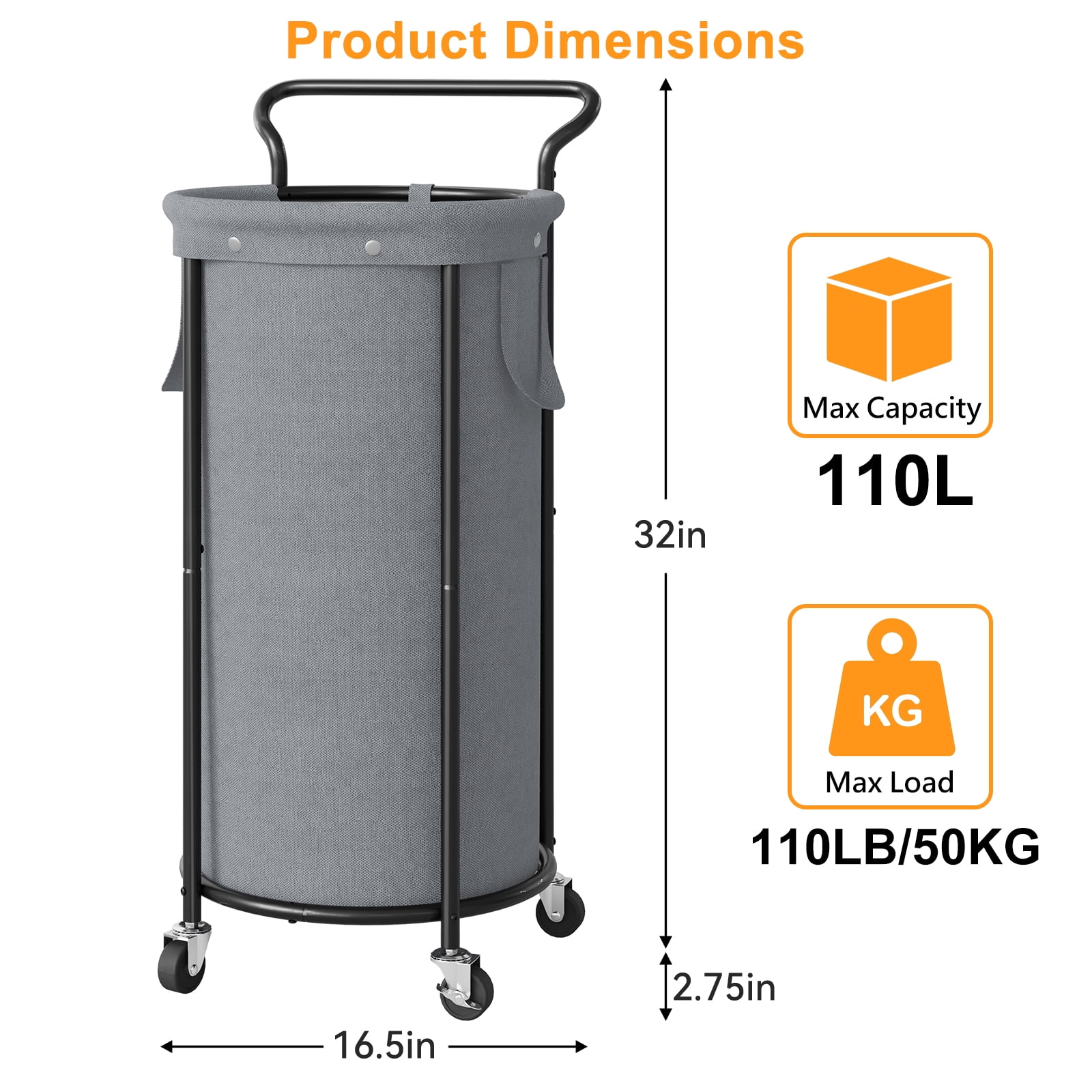 BGTREND 110L Rolling Laundry Hamper with Removable Bag, Round Steel Frame and Handle, Gray