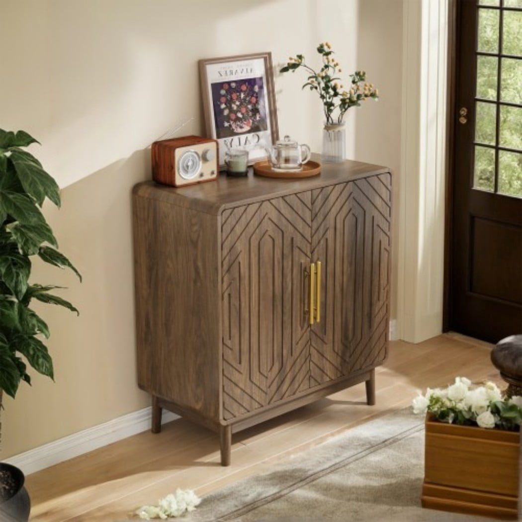 Modern Sideboard Cabinet, 2-Door Storage Buffet Cabinet with Adjustable Shelves, Curved Carved Doors & Gold Handles for Living Room, Dining Room & Entryway, Walnut