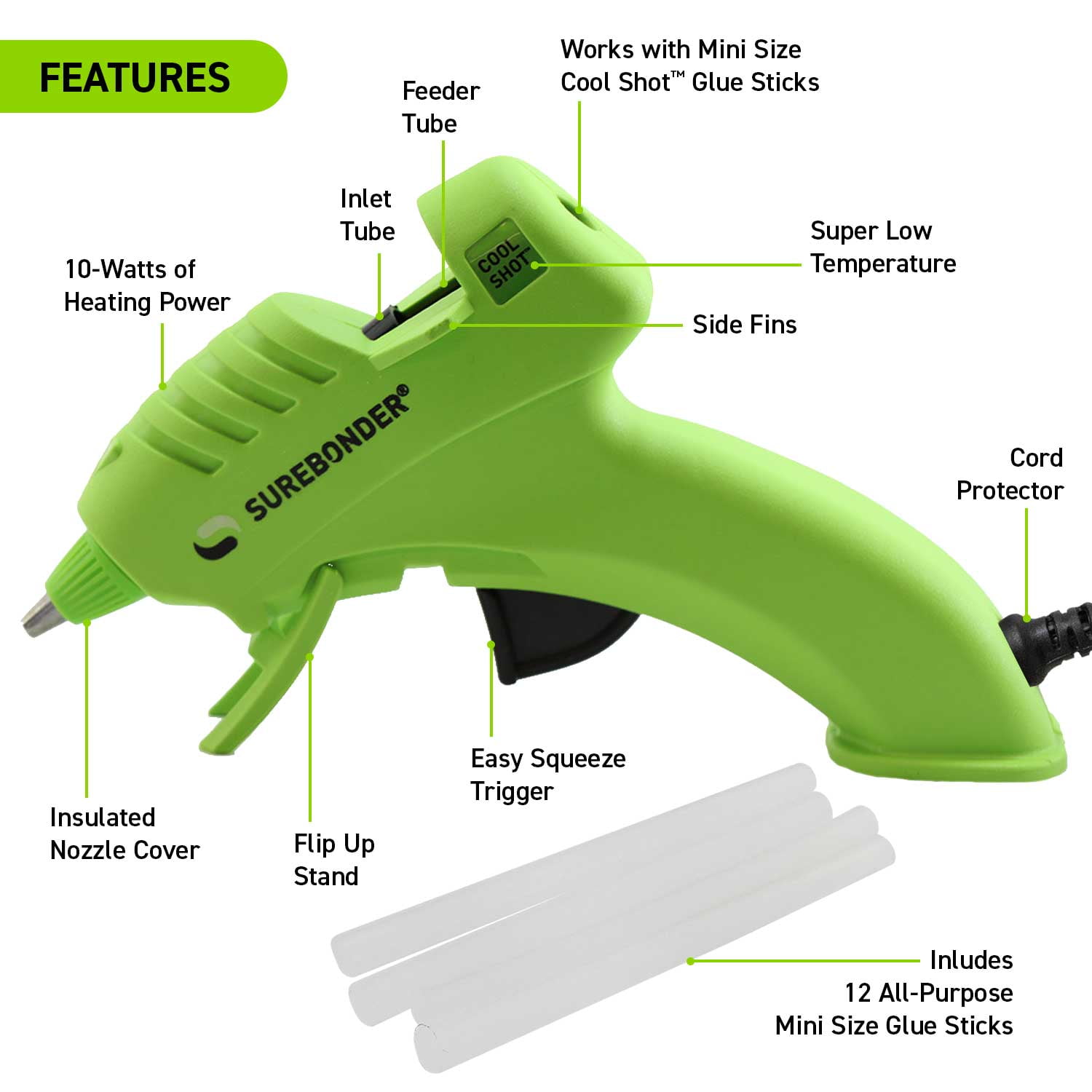 SUREBONDER Super Low Temp Mini Detail Cool Glue Gun 10 Watts + 10 Glue  Sticks