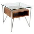 thumbnail image 1 of Hover Contemporary End Table with Brushed Stainless Steel Frame, Walnut Wood Shelf, and Clear Glass Top, 1 of 6