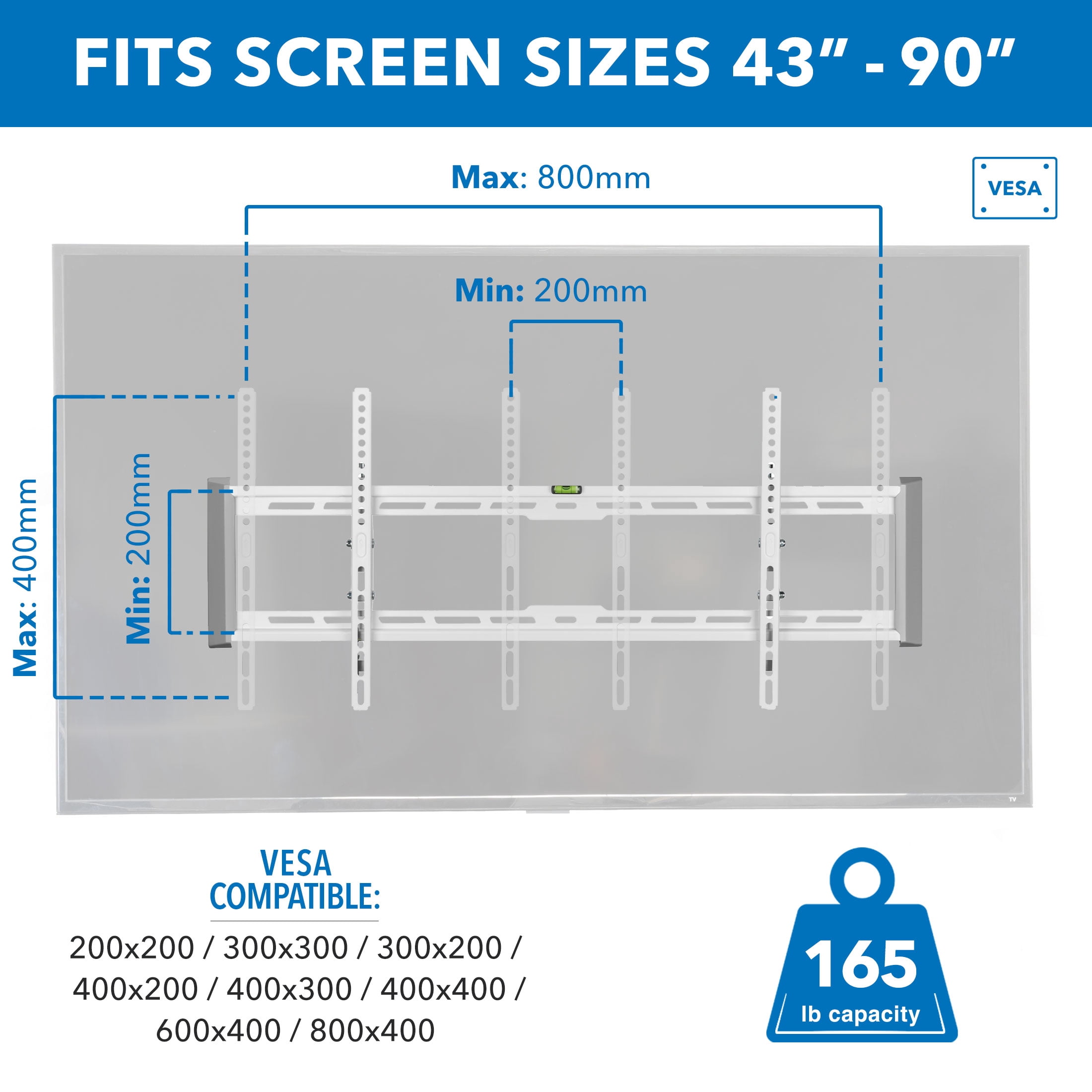Mount-It! Ultra-Slim and Heavy-Duty TV Wall Mount,  Fits 43" to 90" TV's, Capacity 165 lbs., Tilting Bracket, White