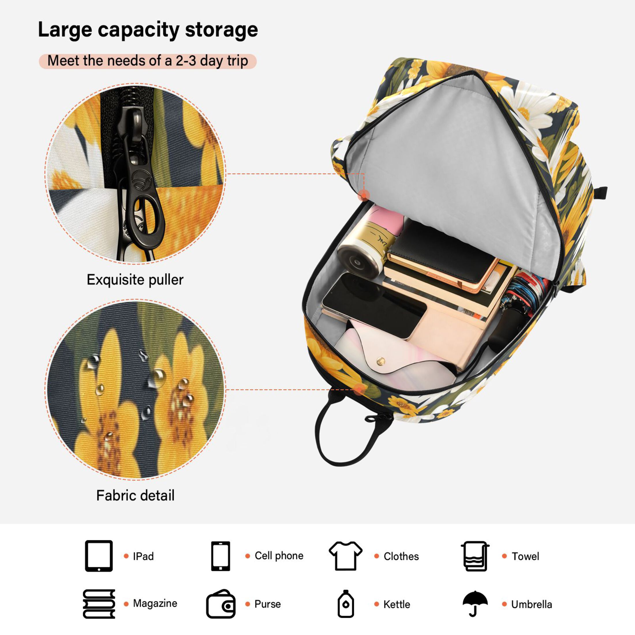 2 Racquet Holder Tennis Backpack Tennis Racket Covers Gym Bags Daisy Sunflowers