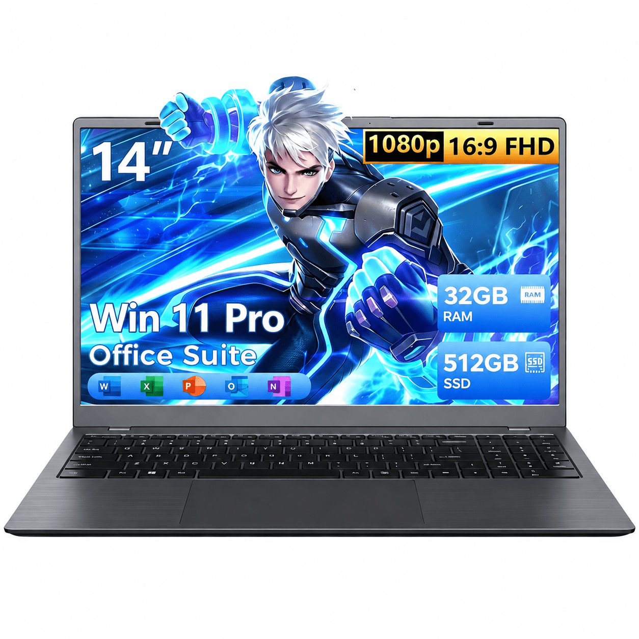 KINOBUC 14" FHD Laptop, Intel 6500Y, 32GB RAM, 512GB SSD, Windows 11, WiFi 5, Bluetooth 5.0, Office Ready, for Student & Home Office, Gray