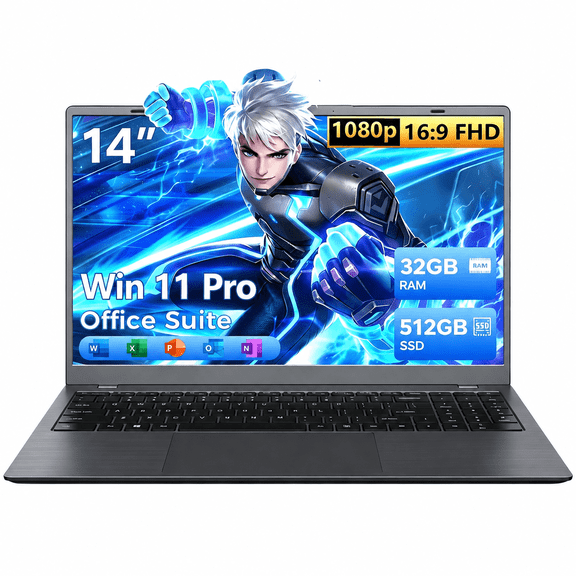 KINOBUC 14" FHD Laptop, Intel 6500Y, 32GB RAM, 512GB SSD, Windows 11, WiFi 5, Bluetooth 5.0, Office Ready, for Student & Home Office, Gray