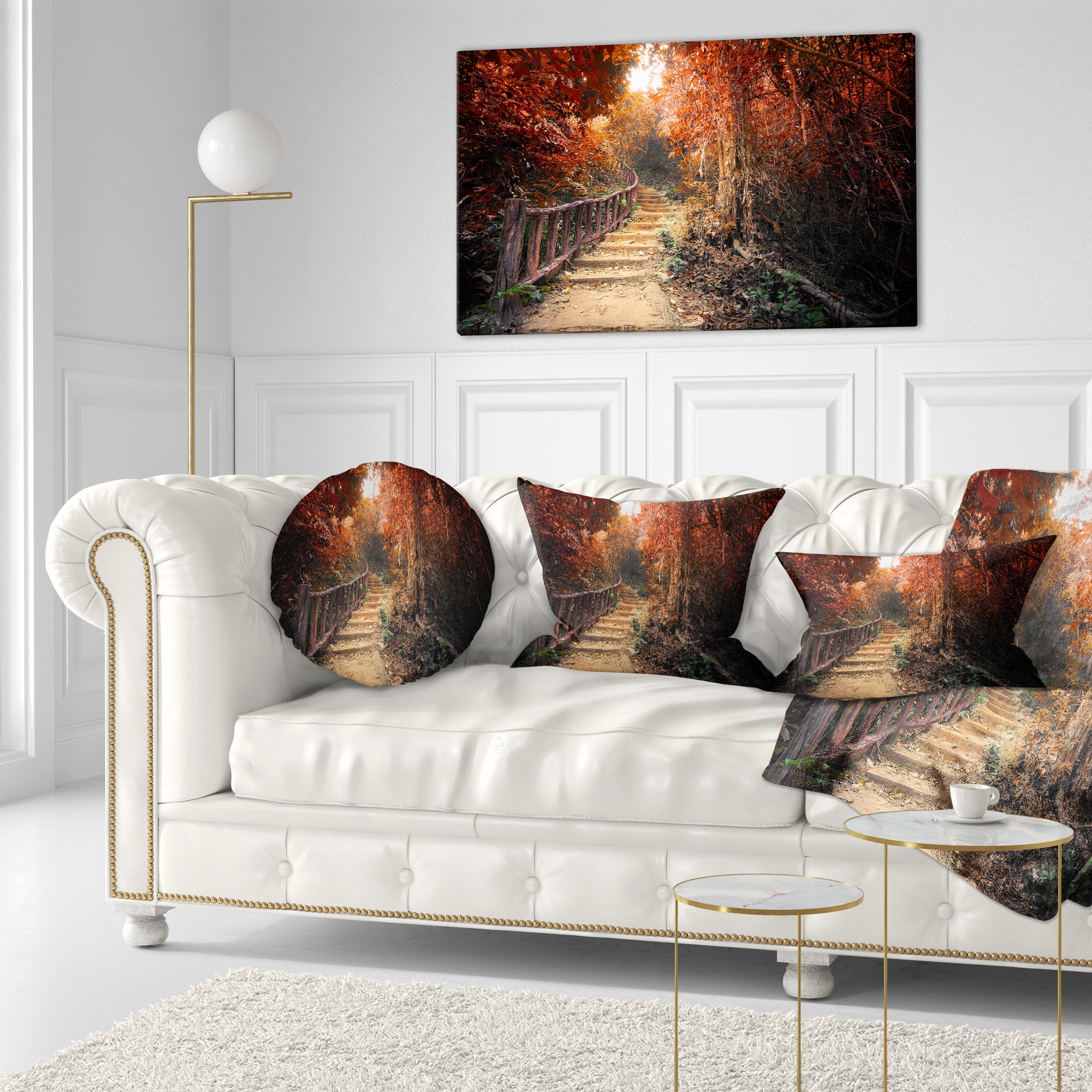 Designart 'Stairway Through Red Fall Forest ' Landscape Photography Canvas Print