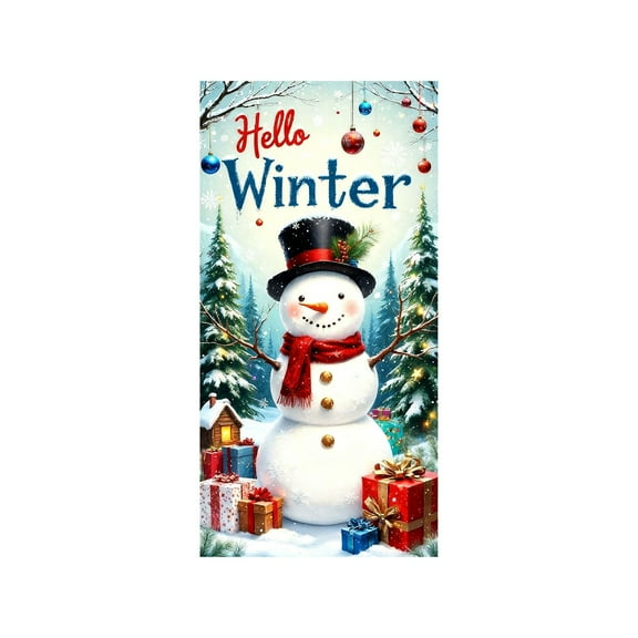 Fasiaou Snowman Door Cover 72x35 Inch Christmas Banner for Front Door Outdoor Indoor Decoration Large Holiday Wall Backdrop with Red Scarf Pinecones Santa Hat Winter Decoration(A)