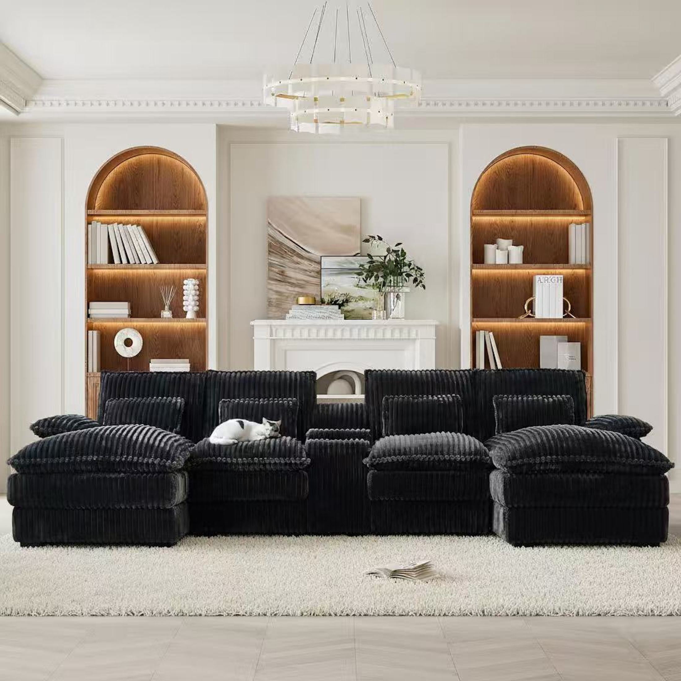 Aisword 124" U Shaped Cloud Couch Sectional with USB Charging, Hidden Storage, Cup Holders & Chenille Double Chaise, Grey