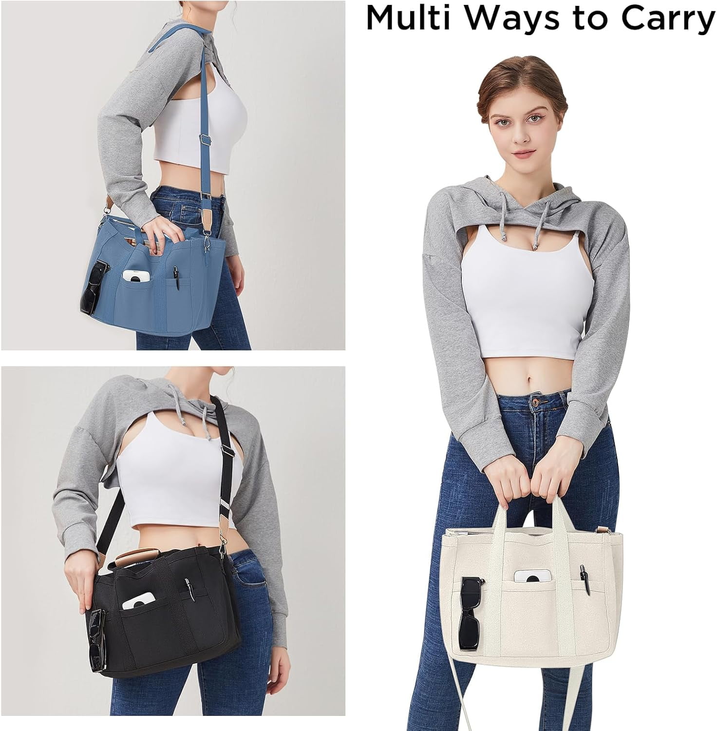 Kwuty Canvas Tote Bag with Multi Pockets Crossbody Tote Bag for Women Bible Handbag Everything Tote Bags with Compartments