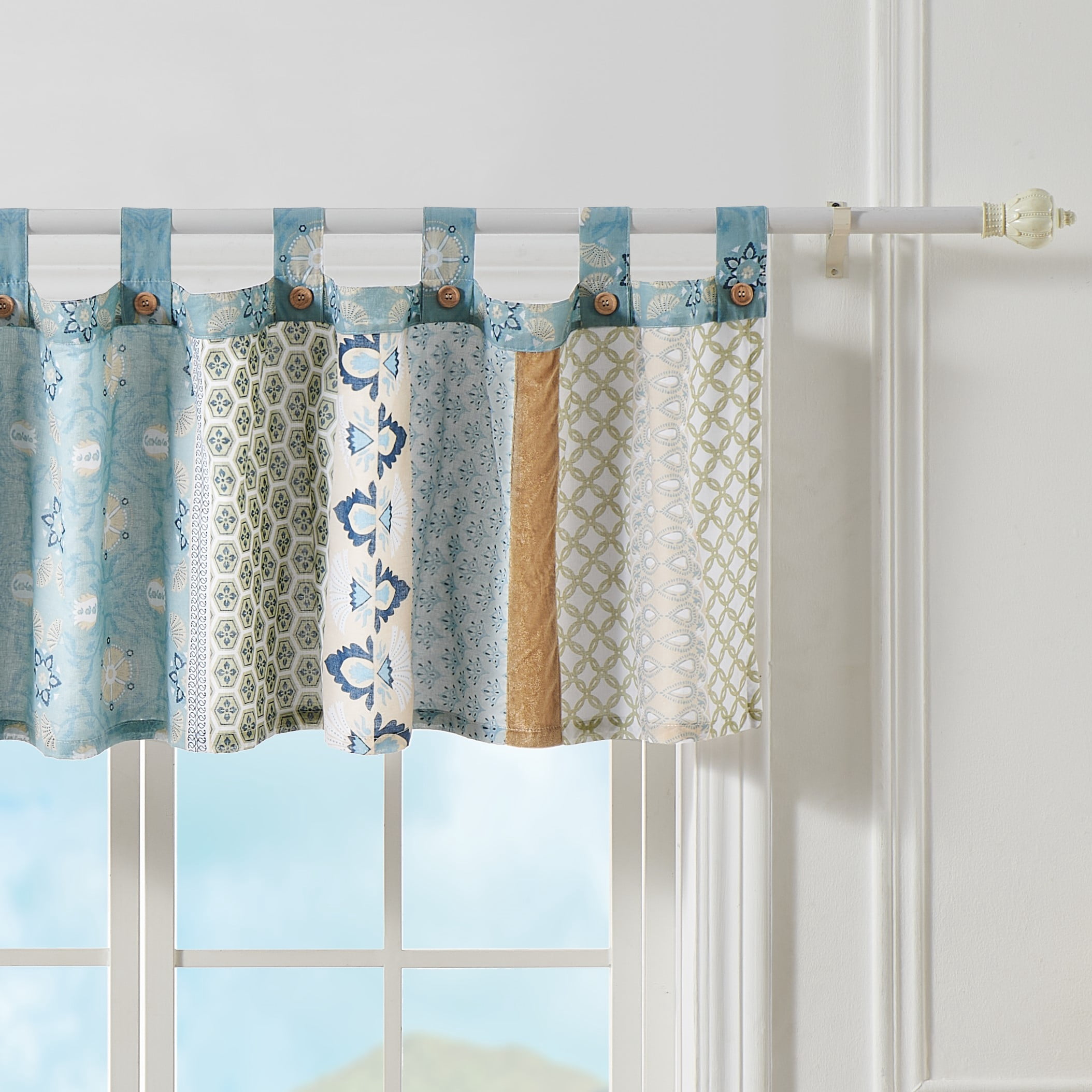 Global Trends Tori Patchwork Button-Embellished Tab Top Window Valance, 84" Wide x 21" Long, Blue