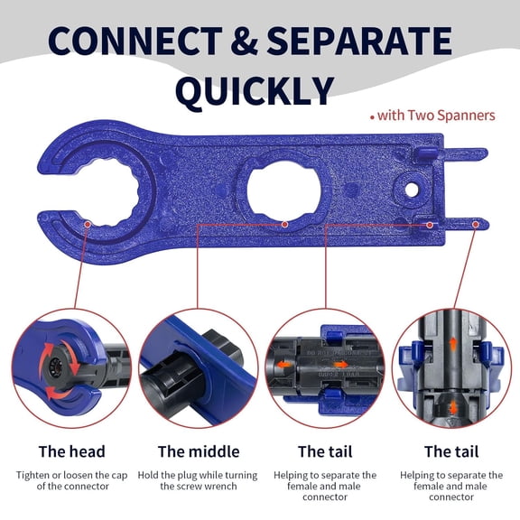 60PCS Solar Connector Crimping Tool Kit for Connecting Solar Panel Cable Wire, with 30 Pairs MC4 Connectors AWG13-10 Crimper and Stripper2pcs Spanner WrenchSolar Panel Connectors in the bag.