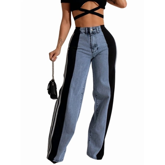 Women'S Patchwork High Waist Wide Leg Jeans Color Block Denim Straight Leg Trendy Trousers Blue Denim &
