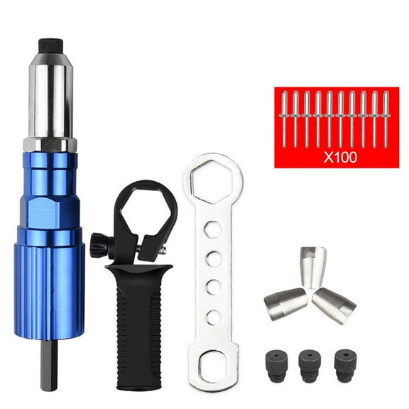 Rivet Tool Adapter for Cordless Drill, Alloy Steel Riveting Kit with 4 Interchangeable Nozzles & Non-Slip Handle, Universal Hex Shank Drill Attachment for Metal, Gutter, Door Repair
