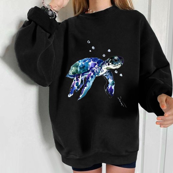 Floleo Clearance Fall Clothes For Women Women Wild Ocean Print Loose O-Neck Long-Sleeved Fleece Oversized Sweatshirt Pullover Black