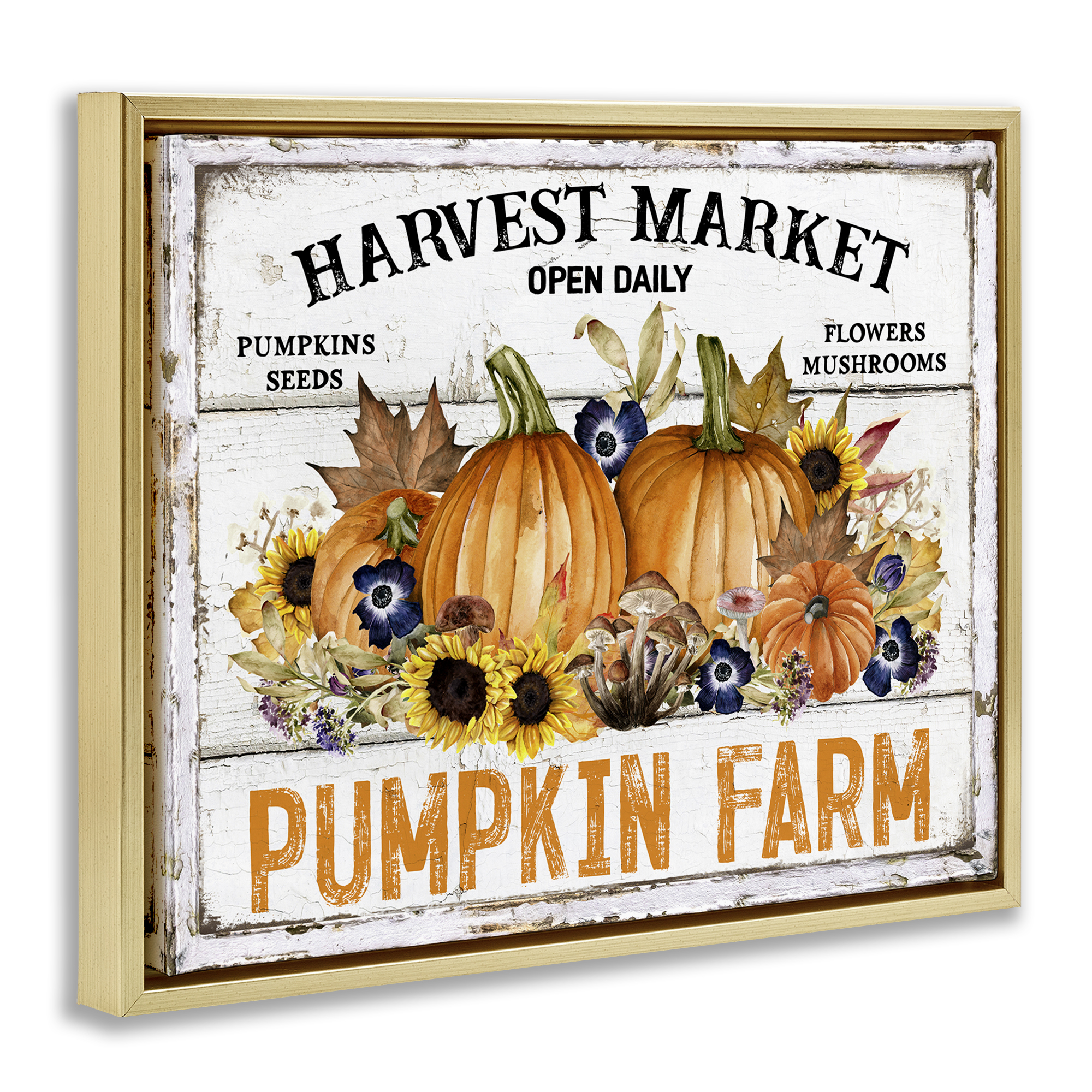 Stupell Industries Pumpkin Farm with Sunflowers Holiday Painting Gold Floater Framed Canvas Art Prints Wall Art, 31 x 25