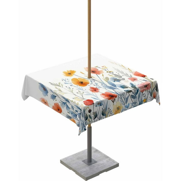 Spring Watercolor Blossom Flower Outdoor Square Tablecloth Zippered Table Cover with Umbrella Hole,Botanical Leaves on White Waterproof Table Cloths for Patio Garden Picnic Tables,54x54in