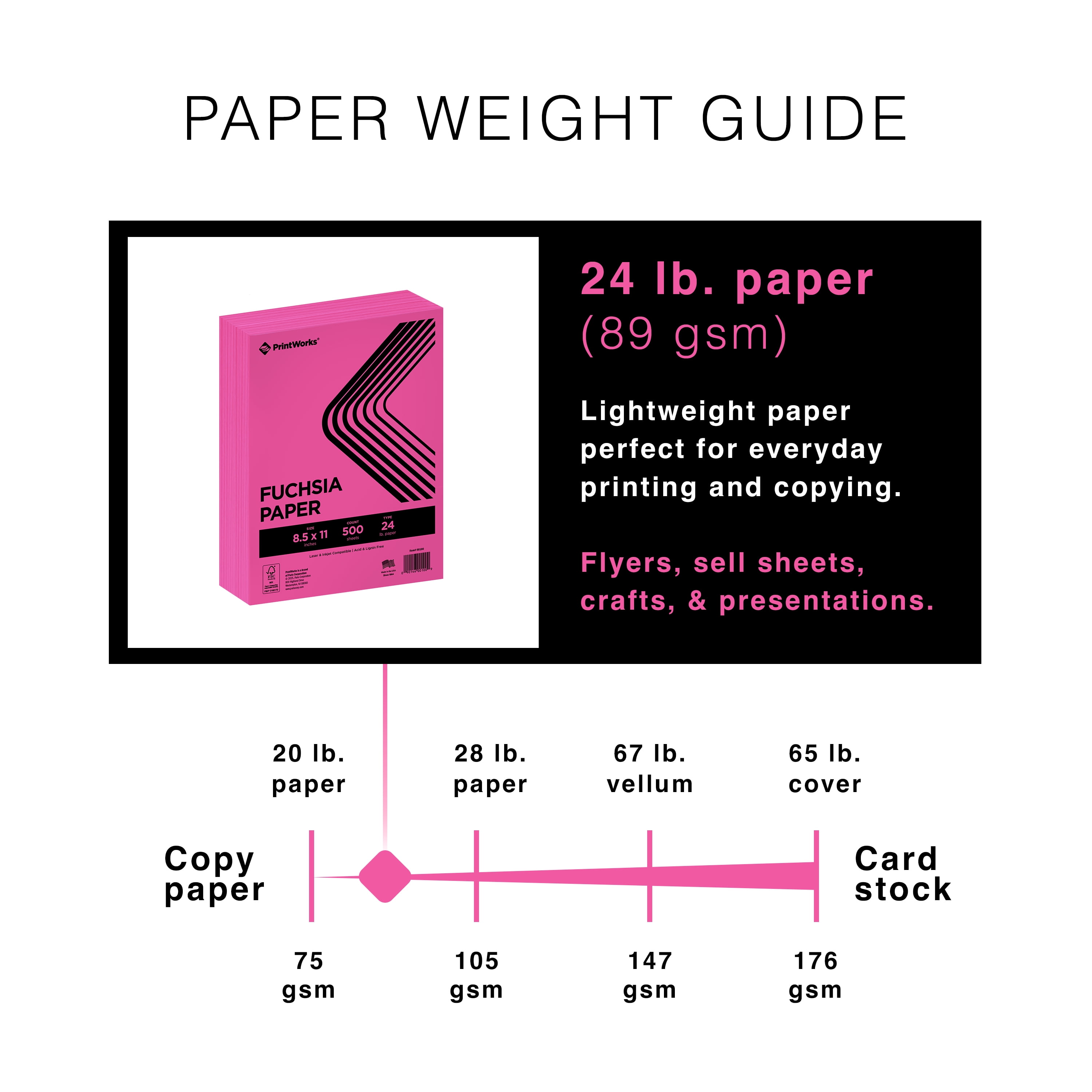 PrintWorks Premium Bright Fuchsia Pink Colored Paper 8.5" x 11" - 24 lb/89 gsm - 2500 Sheets - Made in the USA - FSC® Certified - Acid-Free & Fade-Resistant - Printer Compatible (00100)
