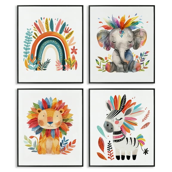 Stupell Industries Rainbow Feather Animals Animals Painting Black Framed Art Print Wall Art, 11 x 14, Set of 4