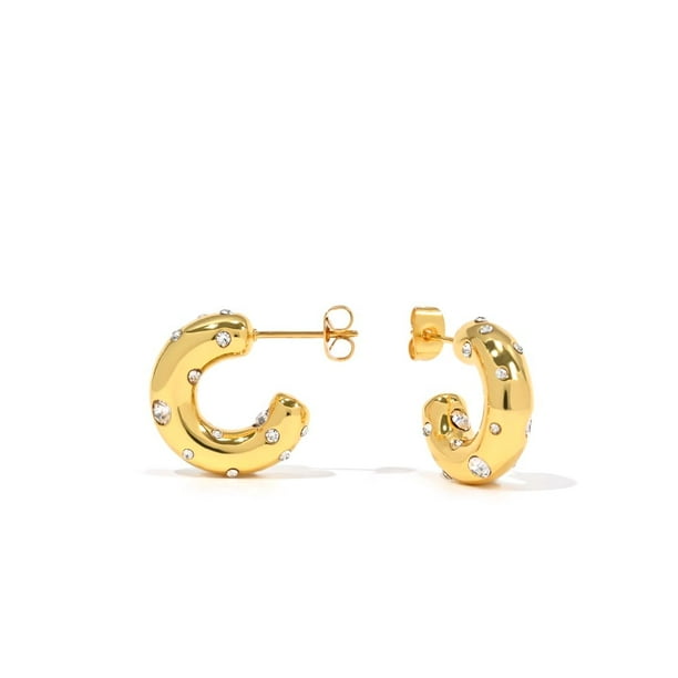 Pendientes de botón en forma de C con perlas chapadas en oro, pendientes de circonita cúbica transparente vermeil de oro, pendientes de medio aro para mujer
