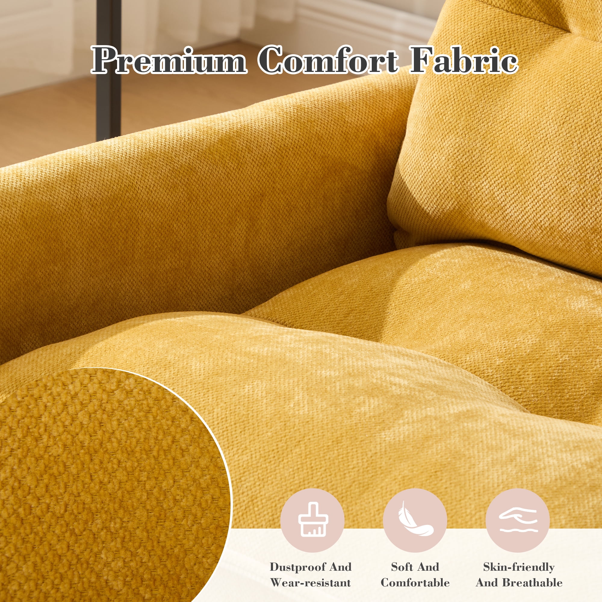 MOOBMISS 360°Swivel Accent Chair, Chenille Upholstered Armchair with Side Pockets & Cushion, Modern Accent Chair with Metal Base for Living Room Bedroom,Mustard Yellow
