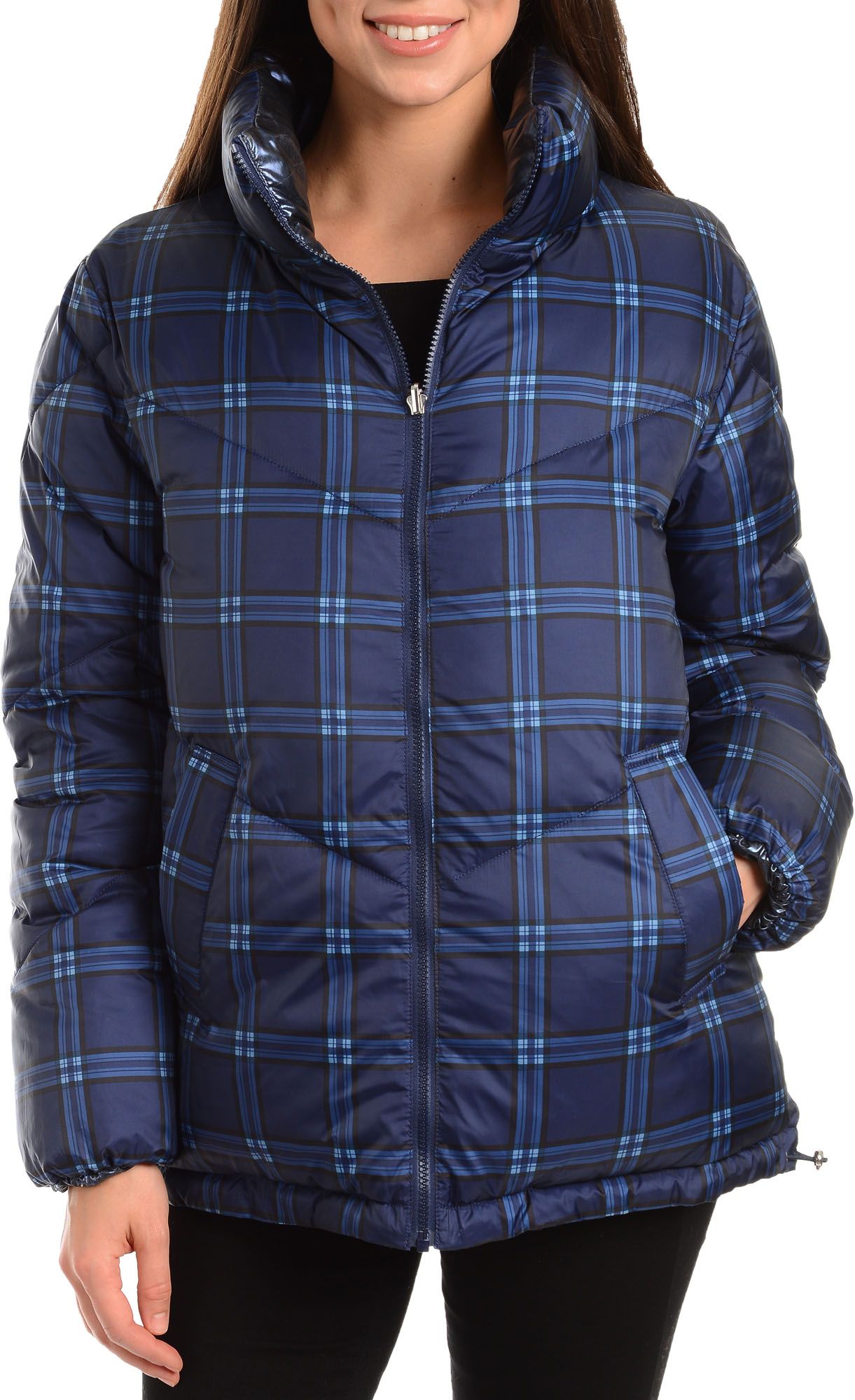 blue checkered puffer jacket