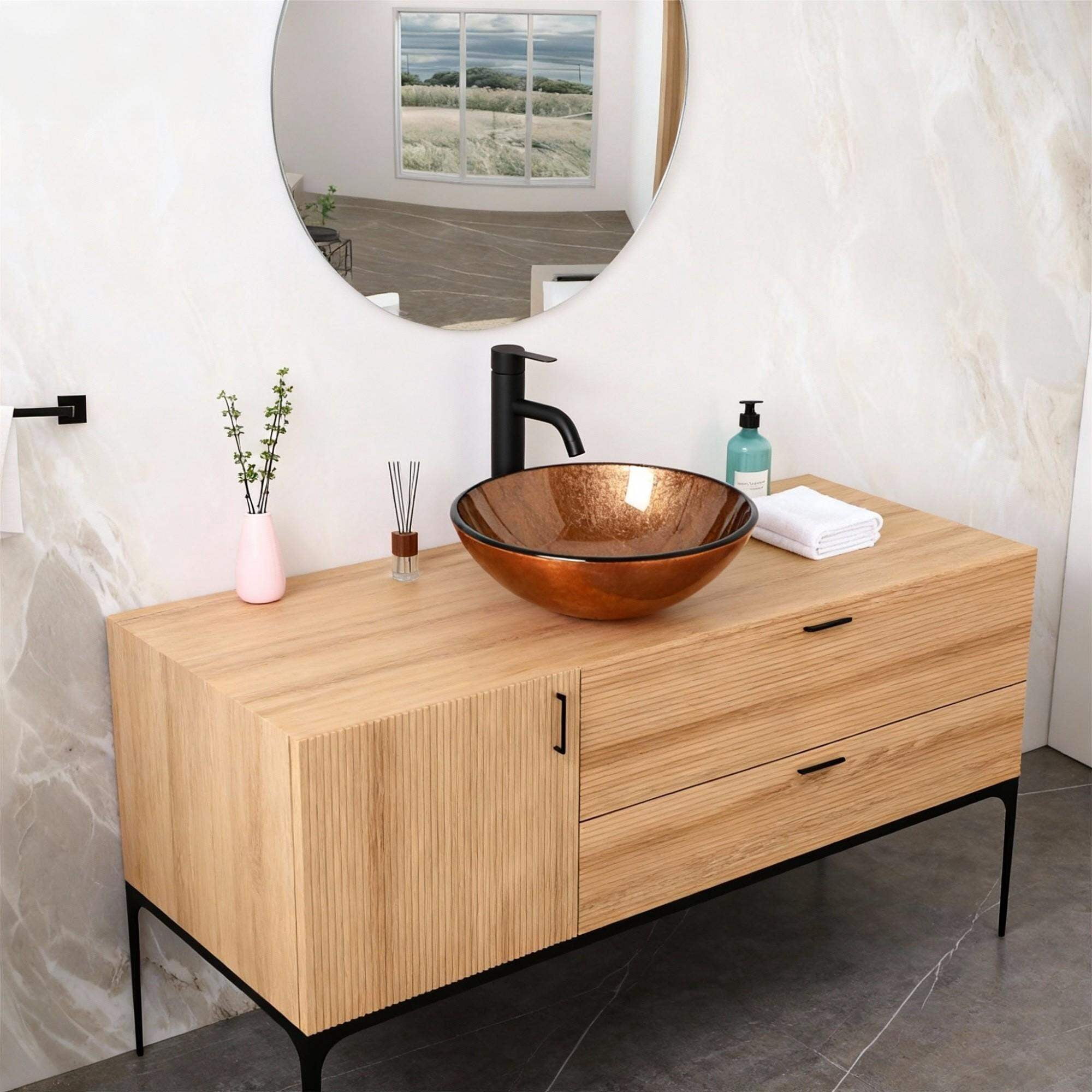 Vanity With Sink, Bathroom Artistic Tempered Glass Vessel Bathroom Sink with Pop-up Drain, Brown, Brown Bathroom Vanity,Tempered Glass Single Sink Vanity, Bath & Faucets Bathroom Vanities