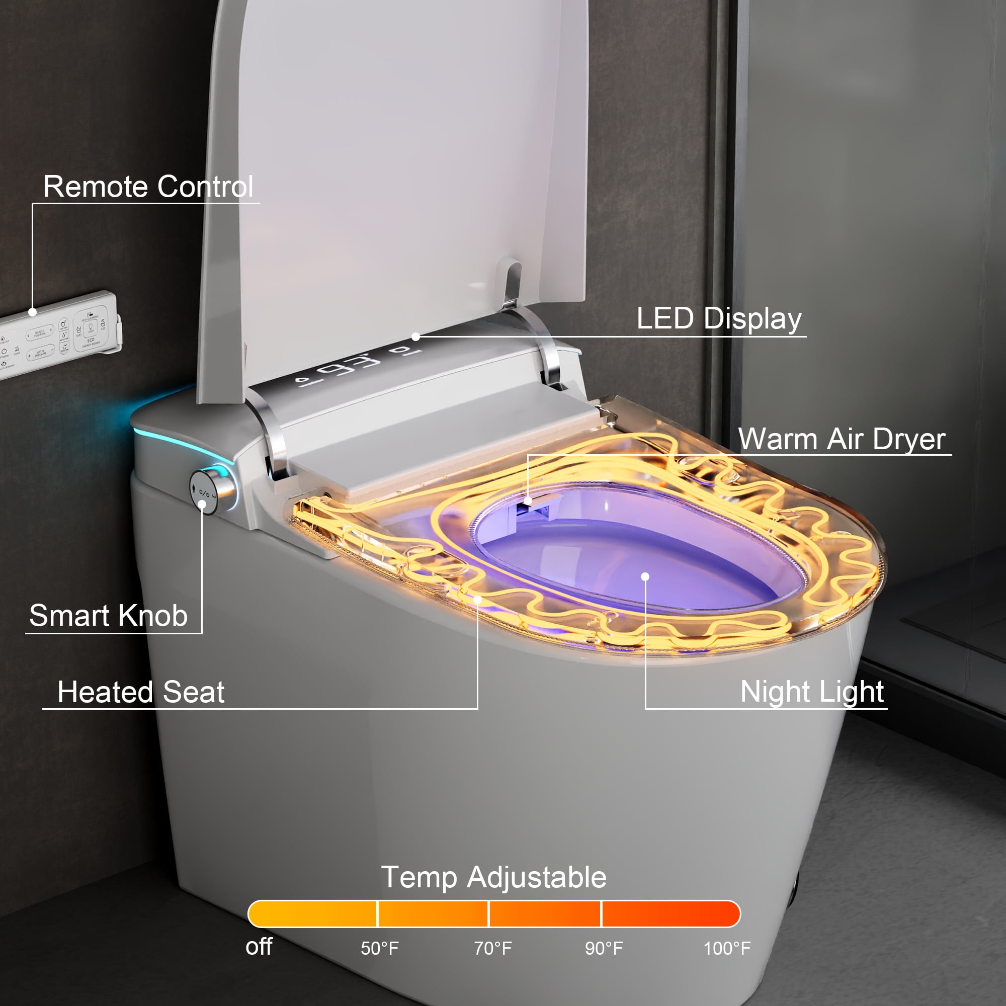 Built-In Smart Toilet With Nozzle, Heated Seat And Night Light, One-Piece Bathroom Toilet, Automatic Gentle Close, Foam Protection, Full/Half Flush