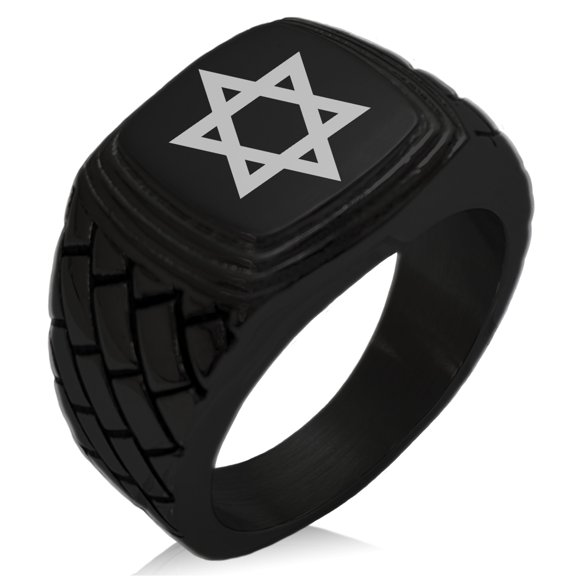 Stainless Steel Hexagram Star of David Geometric Pattern Step-Down Biker Style Polished Ring