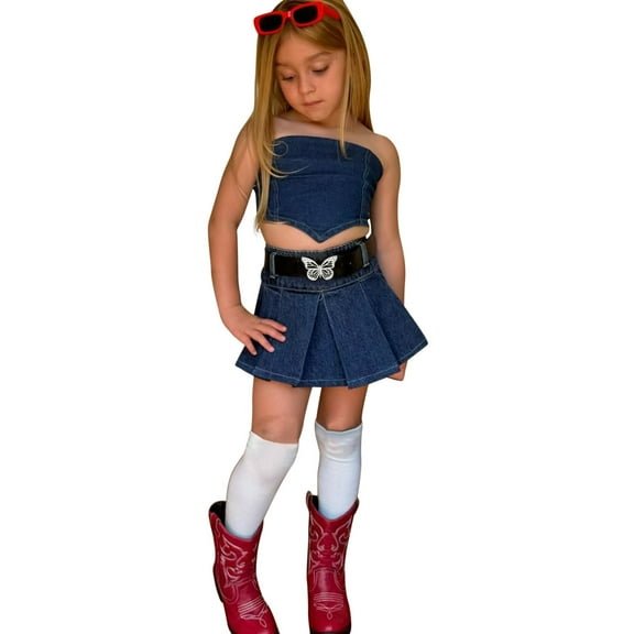 Hiijoy Toddler Girls Outfits Stylish Summer Denim Tube Top Pleated Skirt Set, Sizes 2-3T
