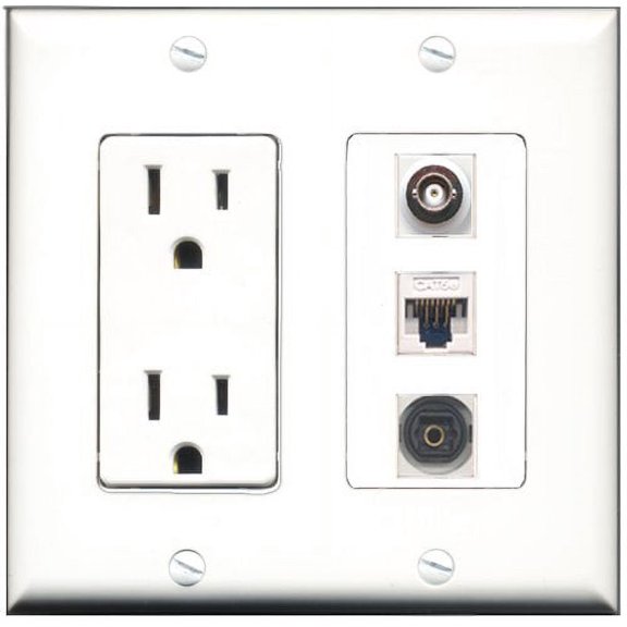RiteAV - 15 Amp Power Outlet 1 Port Toslink 1 Port BNC 1 Port Cat5e Ethernet White Decorative Wall Plate