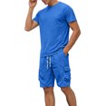 thumbnail image 2 of Mens 2 Piece Outfit Crew Neck Short Sleeve Ligjtweight Drawstring Shorts Summer Solid Color Set With Large Pockets Blue XXL, 2 of 7
