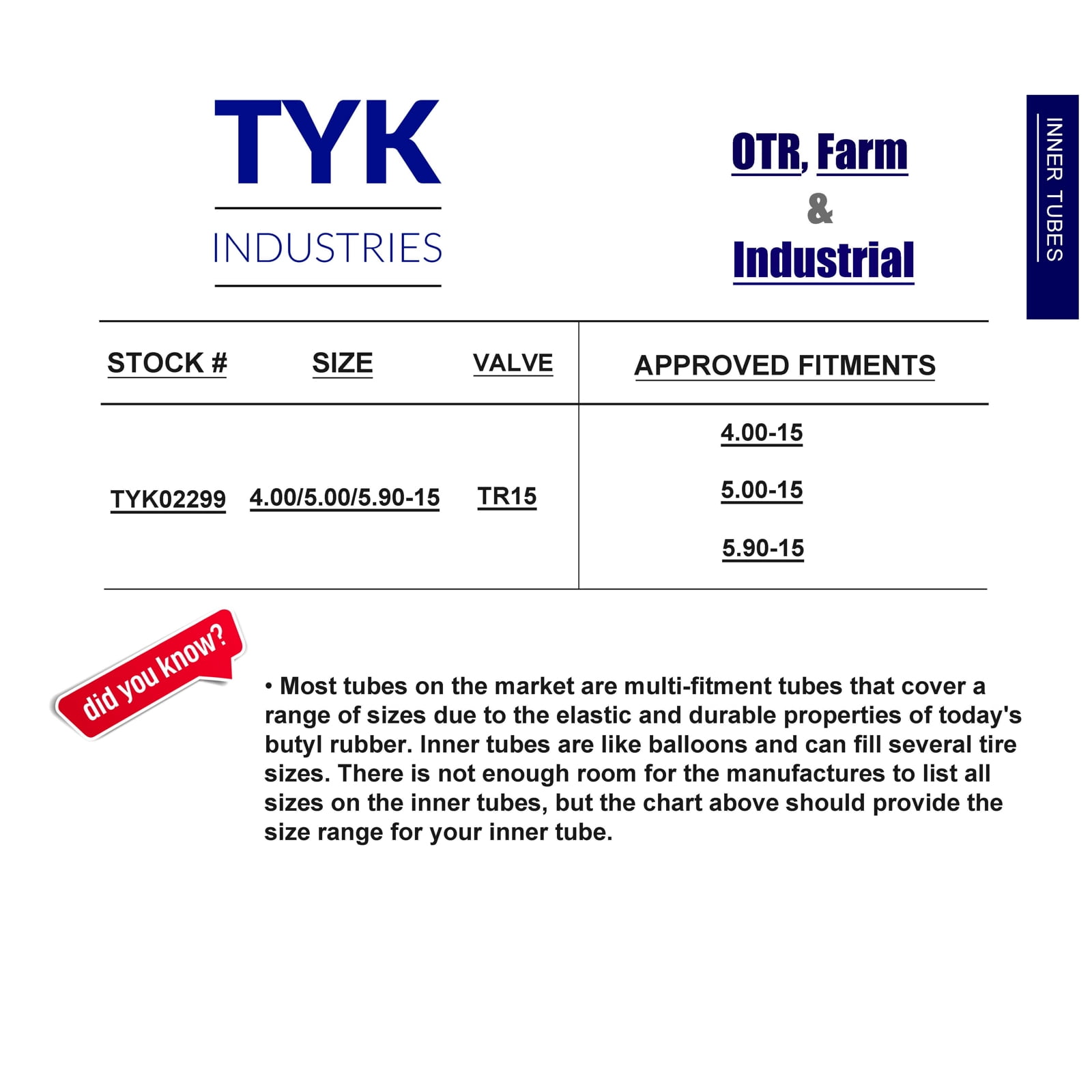 TYK Industries Butyl Valve Bias Tri Rib Farm Tractor Tire Inner Tubes, 4.00-15/5.00-15/5.90-15