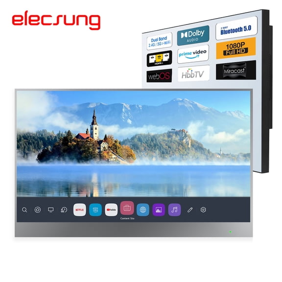 Elecsung 22 inches webOS Smart Mirror Television for Bathroom Waterproof Wifi ATSC DTV Tuner Voice Control Bluetooth
