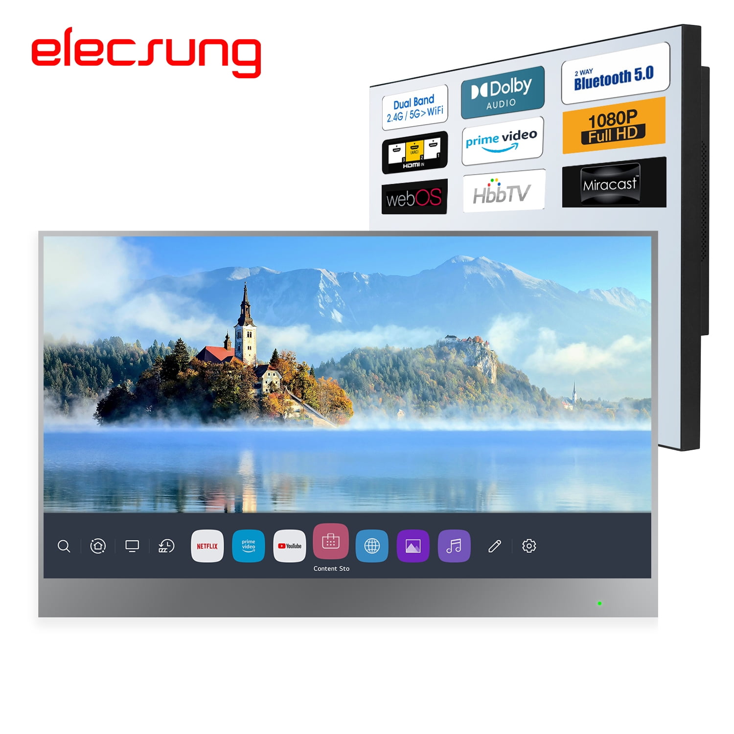 Elecsung 22 inches webOS Smart Mirror Television for Bathroom Waterproof Wifi ATSC DTV Tuner Voice Control Bluetooth
