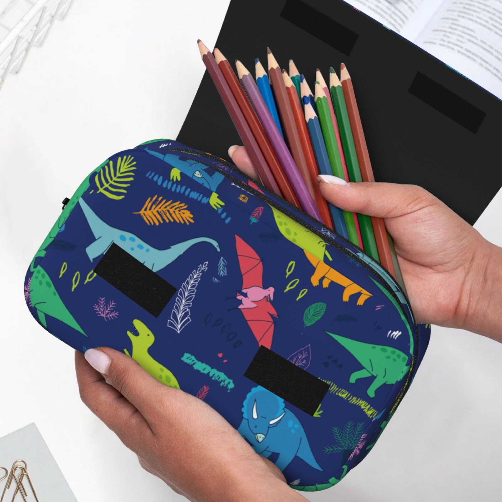 Rateoe Dinosaurs Pattern Double Clamshell Pen Case, Storage Organizer with Two Zipper Compartments– Holds Up to 50 Pencils & Pens