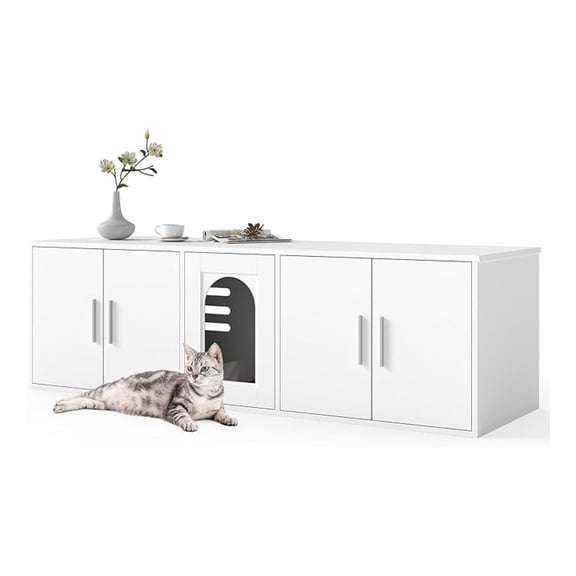 Double Cat Litter Box Enclosure, 58-inch Long Modern Litter Box Enclosure Furniture with Sisal Scratching Pad, Wooden Litter Box TV Stand for 2 Litter Boxes & 2 Cats, White