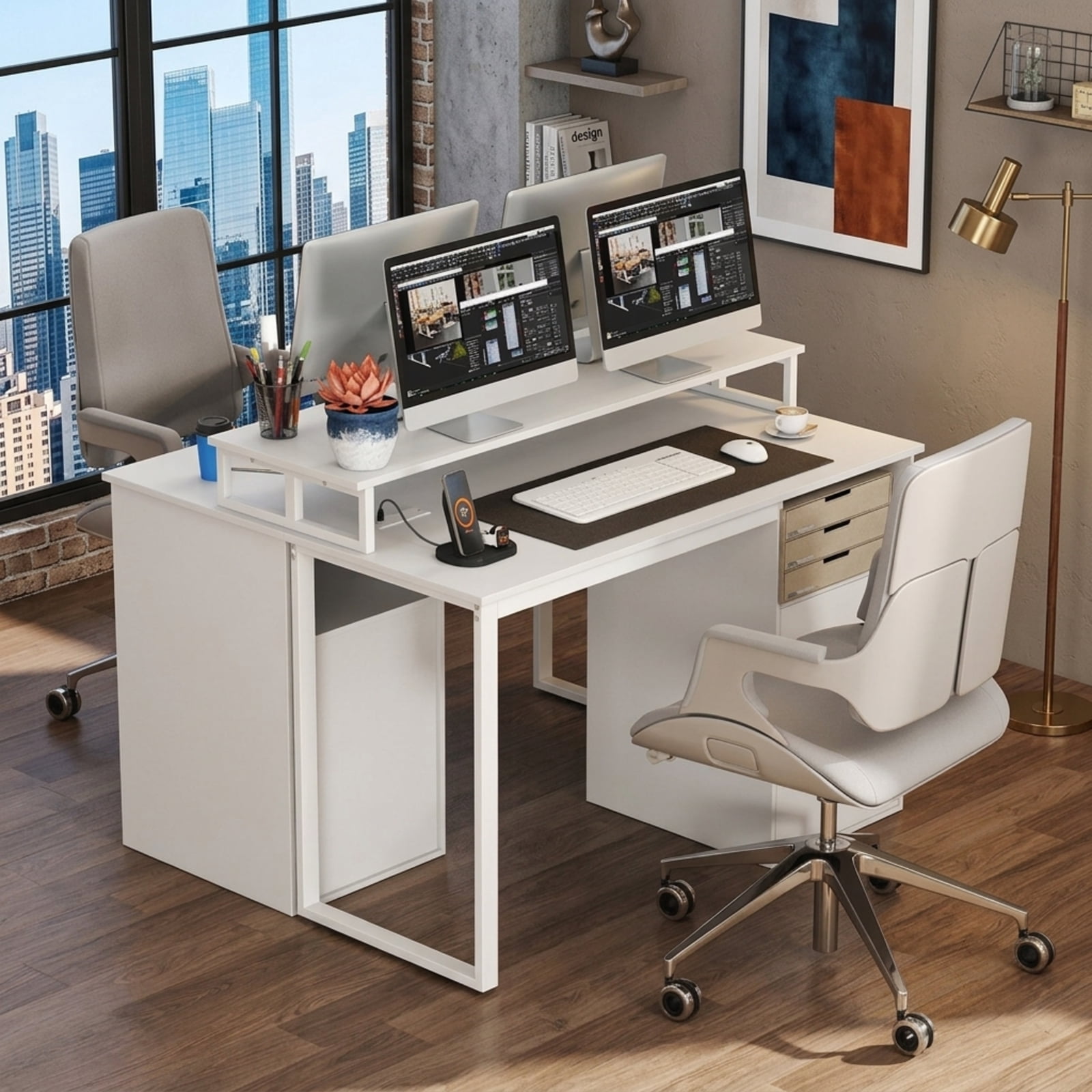 Furnibear Computer Desk with Power Outlets and File Drawer, Modern Home Office Desk with Monitor Stand and Metal Frame for Study Room, White