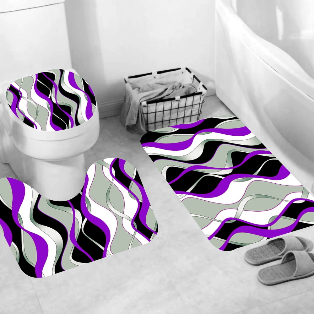 4 Pcs Purple and Black Striped Shower Curtain Set Grey and White Bathroom Sets with Shower Curtain and Rugs Modern Home Bathroom Decor Shower Curtains with Rugs and Toilet Lid Cover