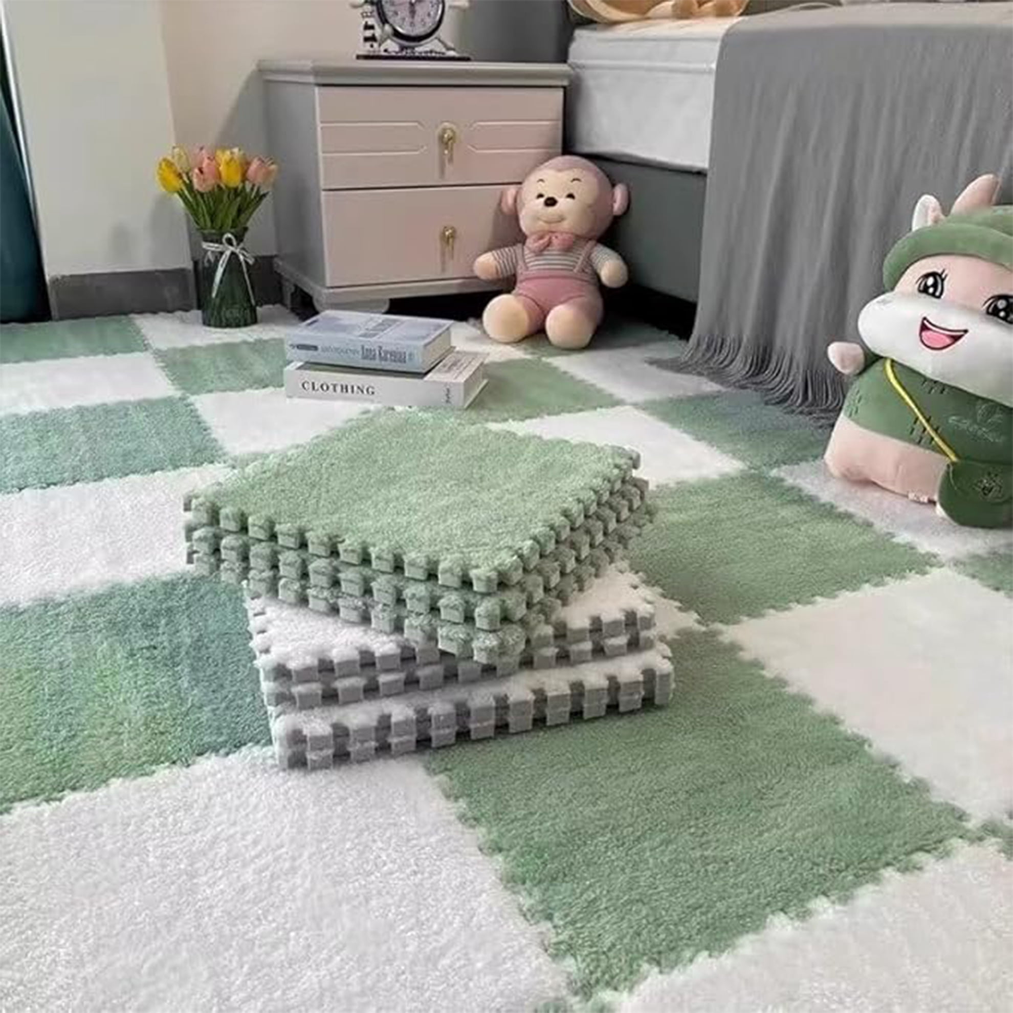 Interlocking Carpet Shaggy Soft EVA Foam Mats Fluffy Square Thickened Plush Tiles Protective Floor Tiles Exercise Play Mat for Children Kids Room Home Parlor Bedroom (Mint Green, 12 Pcs)