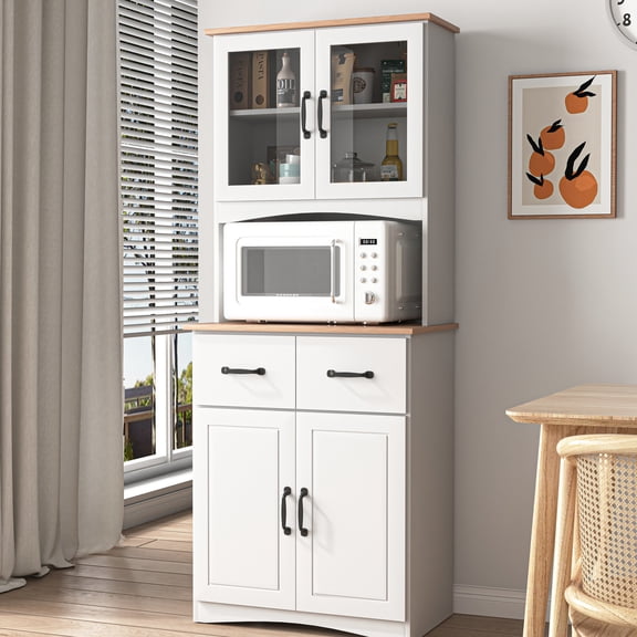 White Kitchen Hutch with Glass Doors | Ample Space for Kitchen Essentials | Durable MDF Material | Solve Kitchen Clutter Problem