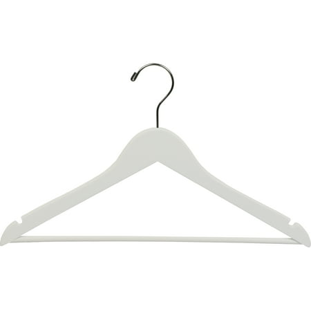 White Wooden Suit Hangers with Solid Wood Bar, (Box of 8) Space Saving Flat 17 Inch Hanger with Chrome Swivel Hook & Notches for Hanging Straps