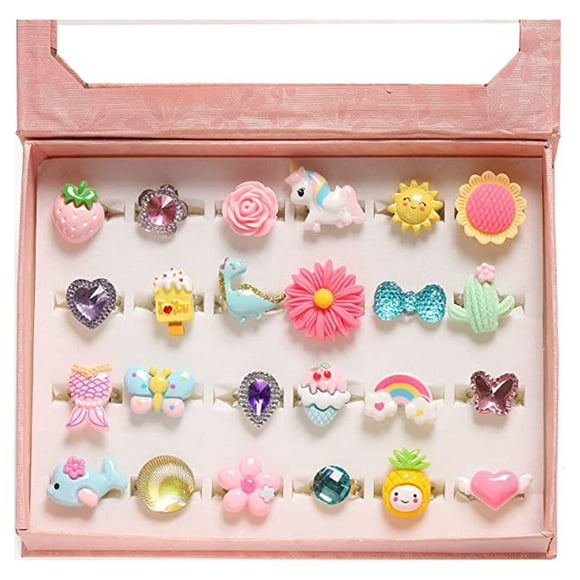 YOYTOO 24Pcs Children's Jewelry Ring, Adjustable Cartoon Rhinestone Girls Jewelry Ring for Kids