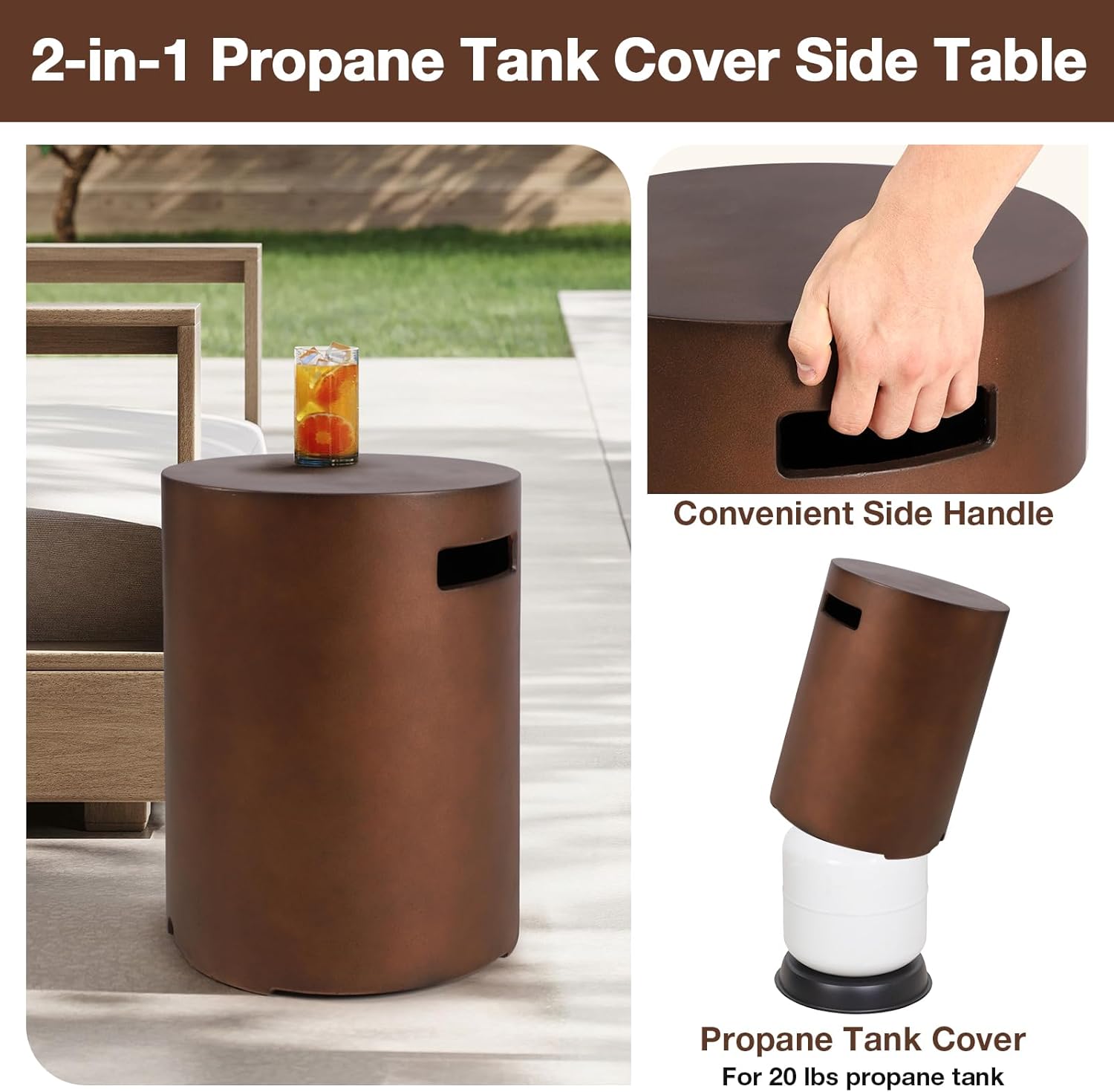 Propane Tank Cover Table 16"x16"x20"H Round Propane Tank Storage Hideaway Box for Gas Fire Pits, Brown Concrete Gas Tank Holder Outdoor Side Table for 20 Pound Gas Tank