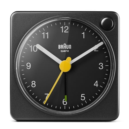 Braun Classic Travel Analogue Alarm Clock with Snooze and Light, Compact Size, Quiet Quartz Movement, Crescendo Beep Alarm in Black, Model BC02XB.